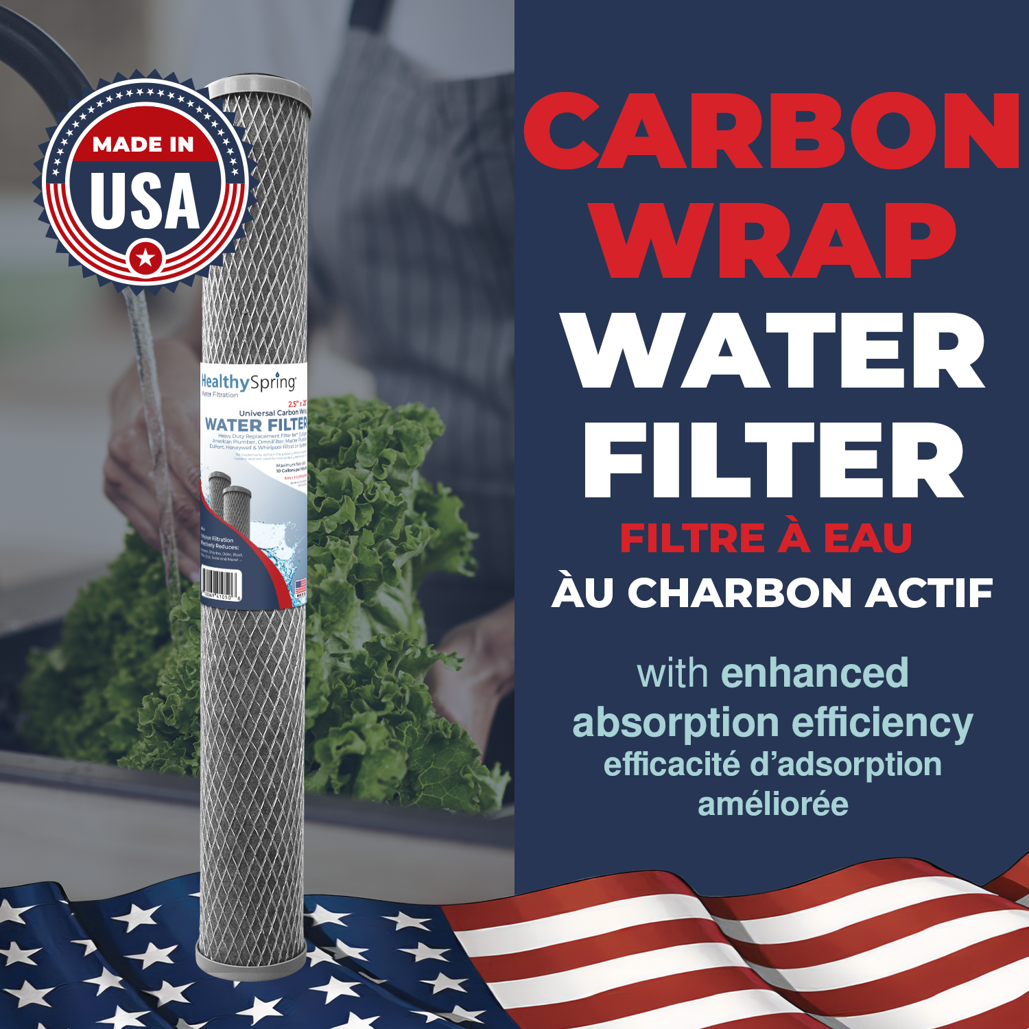 CarbonWrappedMeltblown, 5 Mic, 2.5"OD,  20"L, DOE - Bonded, Buna, Netting, Healthy Spring 3PK
