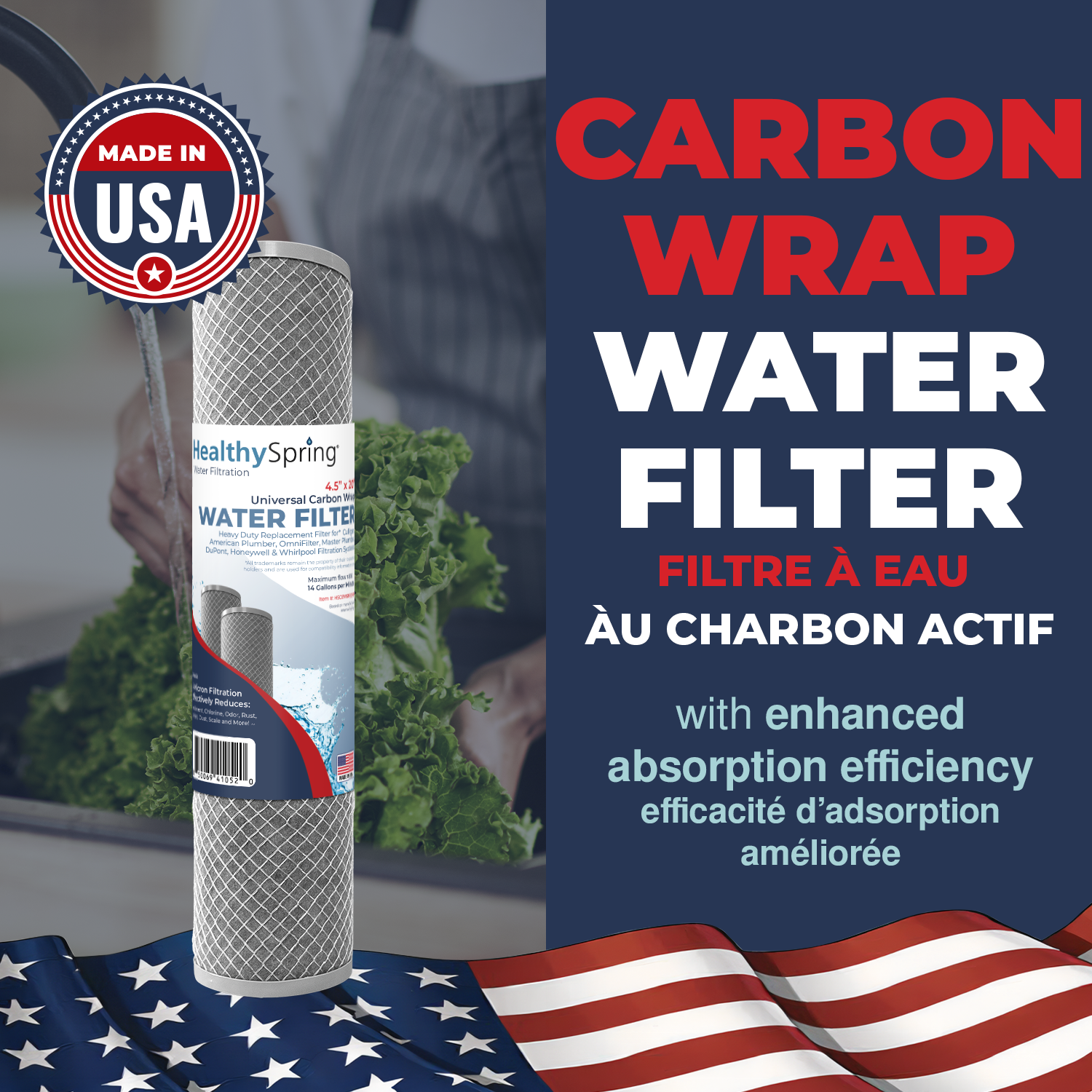 CarbonWrappedMeltblown, 5 Mic, 4.5"OD,  20"L, DOE - Bonded, Buna, Netting, Healthy Spring 3PK