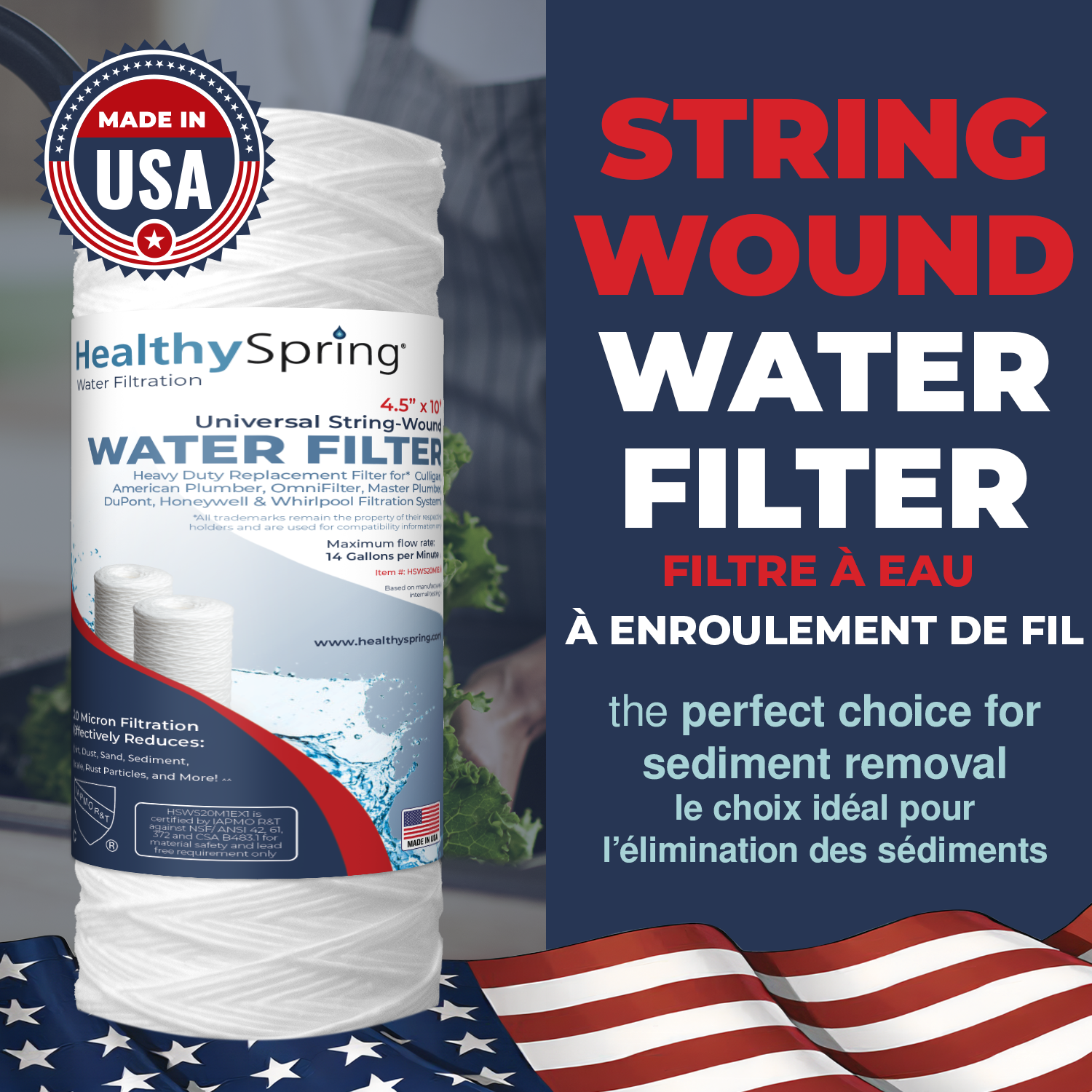 Stringwound, 5 Micron, 4.5"OD, 9.875" Length, DOE, Healthy Spring 3PK