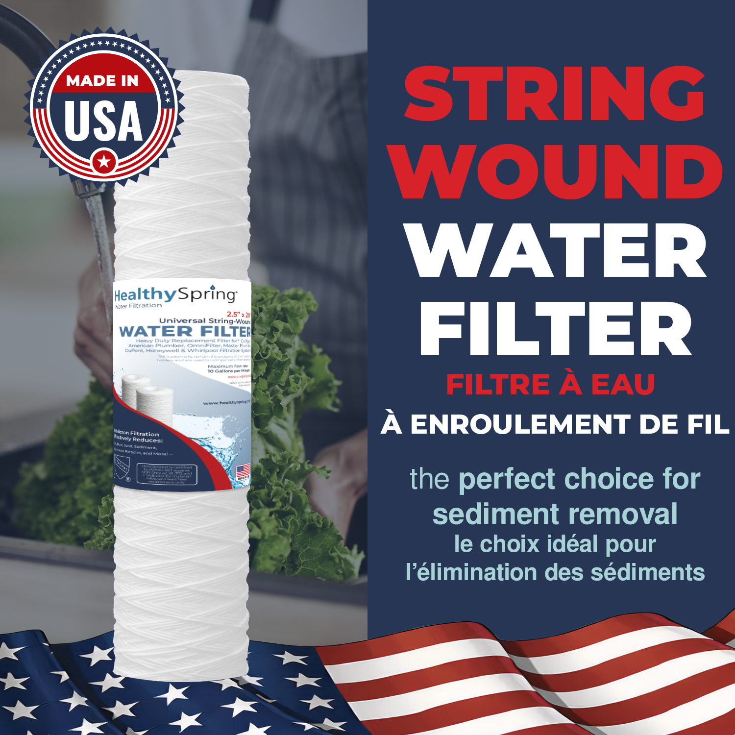 Stringwound, 5 Micron, 4.5"OD, 20" Length, DOE, Healthy Spring 3PK